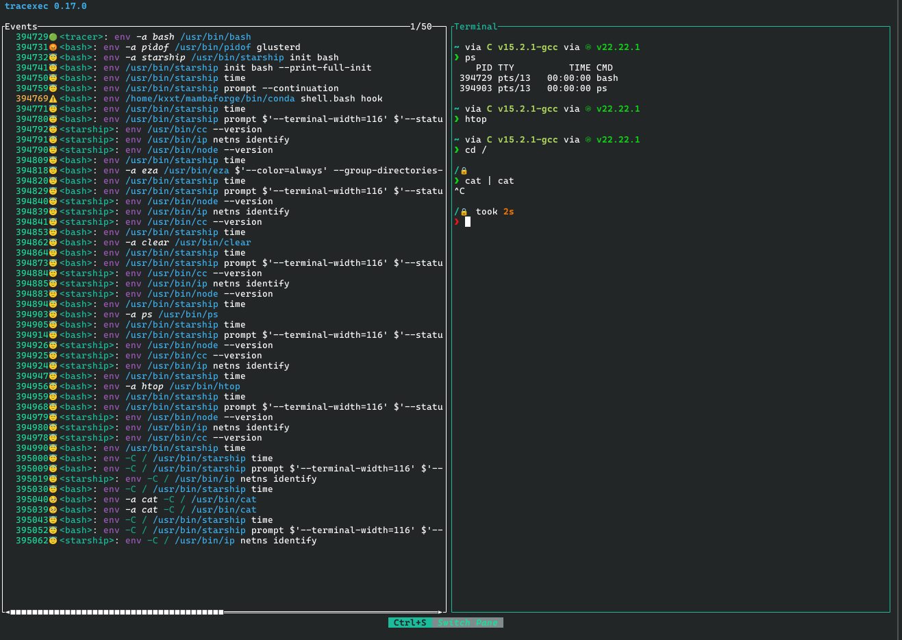 A screenshot of tracexec’s TUI